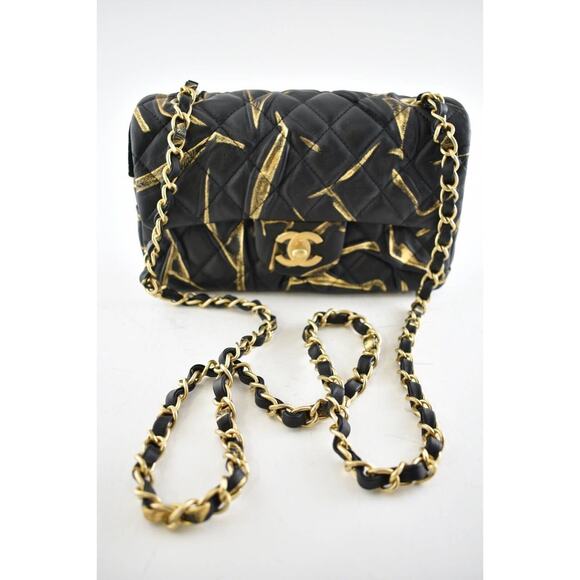 Chanel 21A Black Gold Painted Mini Flap Rectangle CC Quilted Chain Crossbody Bag - Picture 6 of 12